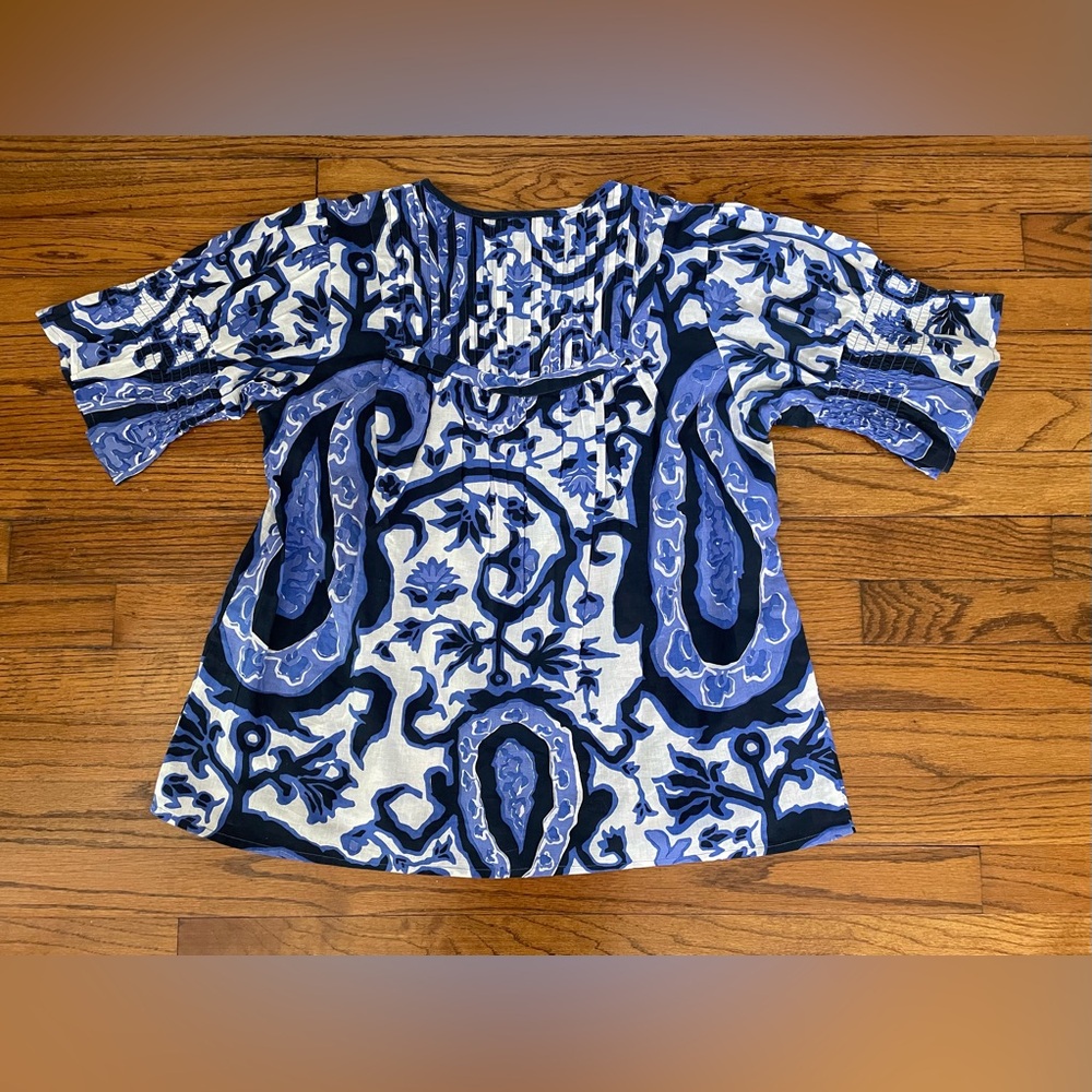La Plage Celerie Vintage Paisley Blue White Tassel Tie Neck Top Blouse Sz XS NWT - Picture 8 of 8